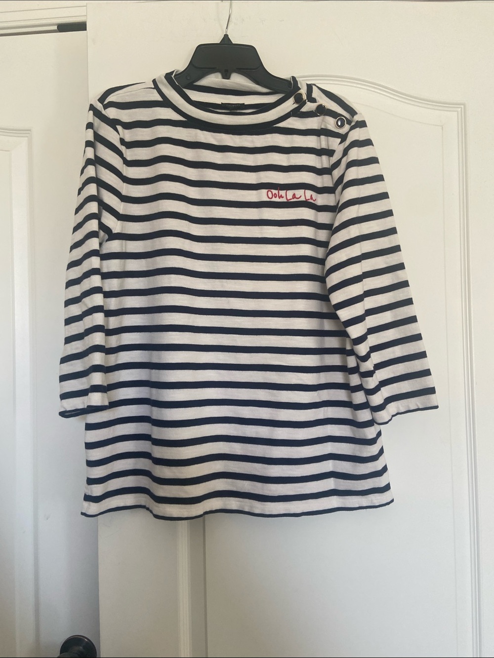 Talbots Navy and White Striped Long-Sleeve Tee with Red Script